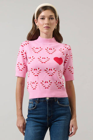 Candy Cane Short Sleeve Sweater: PINK-RED-MULTI