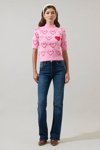 Candy Cane Short Sleeve Sweater: PINK-RED-MULTI