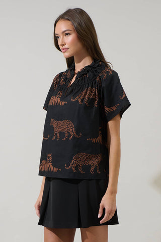 Zenzi Jungle Darthy Smocked Top: BlackTan