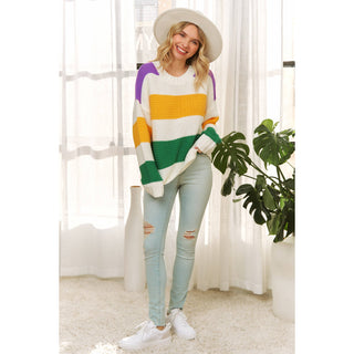 CLASSIC MARDI GRAS COLORFUL STRIPE RELAXED FIT PULLOVER TOP: Multi