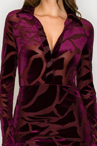 ICE  VELVET BURN OUT MIDI DRESS: Burgundy /