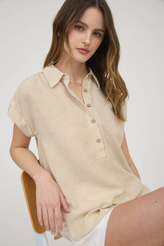 MESSA STRIPE HALF BUTTON COLLARED SHORT SLEEVE SHIRT