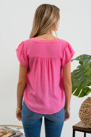 SPLIT NECK PETAL TASSEL SLEEVE BLOUSE