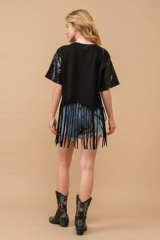 34255T - Football Sequin Fringe  Graphic Tee Top: BLACK