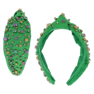 Purple, Green, Gold Crystals on Green Knotted Headband