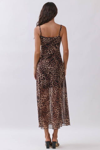 - PRINTED MESH MAXI LINED TANK FIT AND FLARE DRESS: BROWN