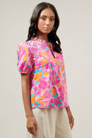 Coconut Grove Kenni Split Neck Top: PINK-ORANGE-BLUE /