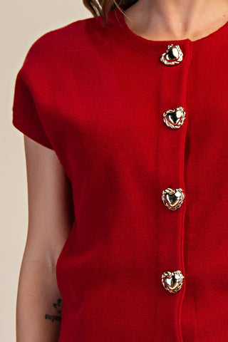 Dropped Shoulder Heart Button Detail Sweater: Red