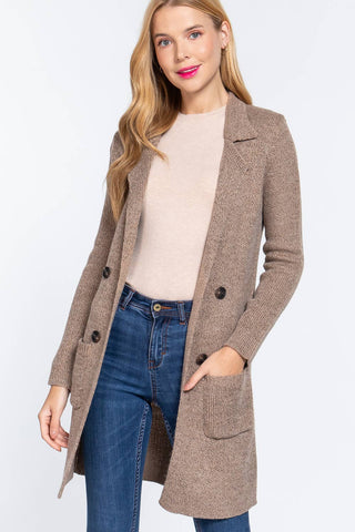Long Sleeve Notched Collar Sweater Jacket: Kha-Heather Khaki