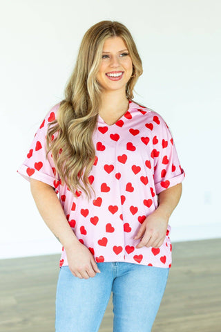 Cara Collared Top, Heart Print: Pink