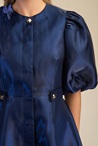 Collar Neck Puff Sleeve Waist Detail Shiny Mini Dress: Navy