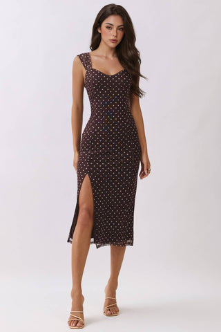 SWEETHEART BUSTIER PRINT MIDI DRESS: BURNT COCOA/ALMOND POLKA DOT