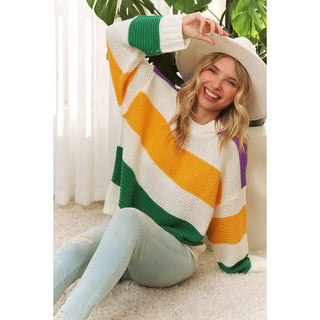 CLASSIC MARDI GRAS COLORFUL STRIPE RELAXED FIT PULLOVER TOP: Multi
