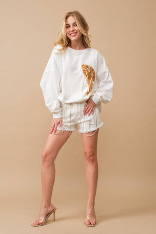 Fleece Terry Football Sequin Fringe Sweatshirt: WHITE GOLD