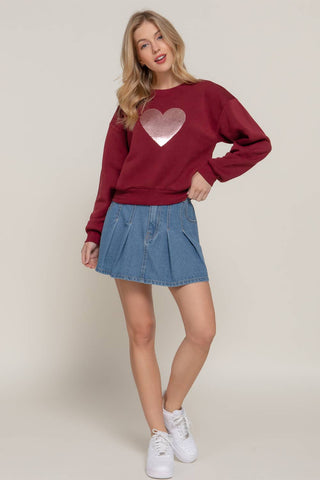 Long Sleeve Crew Neck Sequin Detail Inner Fleece Sweatshirt: BRG-dark wine