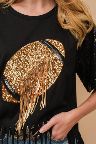 34255T - Football Sequin Fringe  Graphic Tee Top: BLACK / M