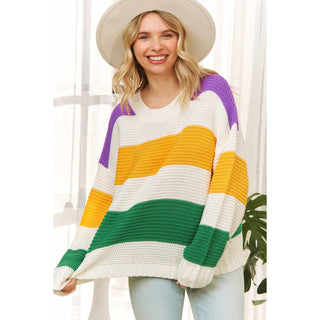 CLASSIC MARDI GRAS COLORFUL STRIPE RELAXED FIT PULLOVER TOP: Multi