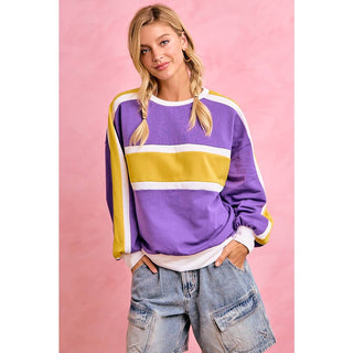 GAMEDAY WOMENS SPORTY COLORBLOCK PULLOVER SWEATSHIRT: PURPLE/GOLD