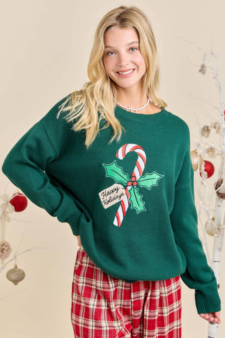 Candy Cane Holidays Knit Sweater Christmas Ready to ship🍬: HUNTER GREEN