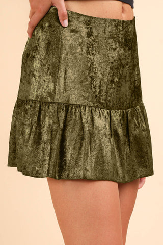 Shiny Woven Flare A-Line Holiday Mini Skirt: GREEN