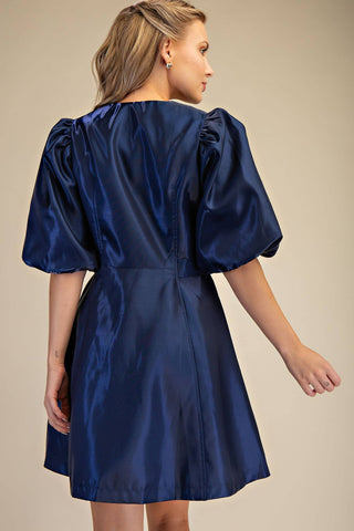 Collar Neck Puff Sleeve Waist Detail Shiny Mini Dress: Navy