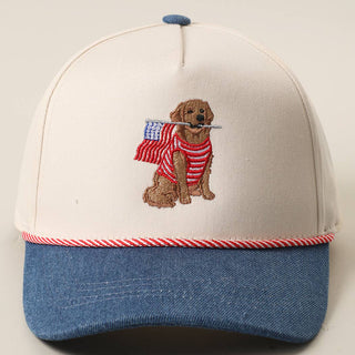 Golden Retriever Holding USA Flag Denim Brim Trucker Hat: LT DENIM / ONE SIZE