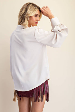 V-Neck Collar Neck Button Down Shirt: Cream