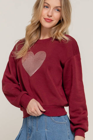 Long Sleeve Crew Neck Sequin Detail Inner Fleece Sweatshirt: BRG-dark wine