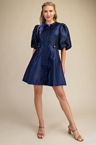 Collar Neck Puff Sleeve Waist Detail Shiny Mini Dress: Navy