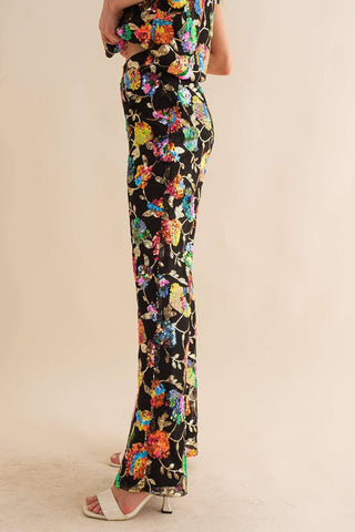 Sequin Flower Boots Cut Long Pants