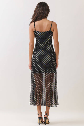PRINTED MESH MAXI LINED TANK FIT AND FLARE DRESS: BLK-ECREAM POLKA DOT / S-M-L/2-2-2