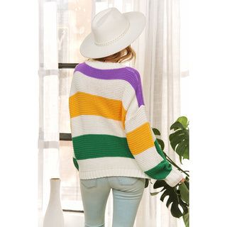 CLASSIC MARDI GRAS COLORFUL STRIPE RELAXED FIT PULLOVER TOP: Multi