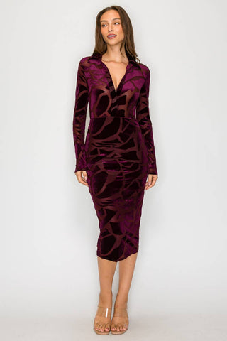 ICE  VELVET BURN OUT MIDI DRESS: Burgundy