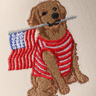 Golden Retriever Holding USA Flag Denim Brim Trucker Hat: LT DENIM / ONE SIZE