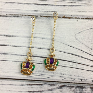 Dangling Mardi Gras crown earrings