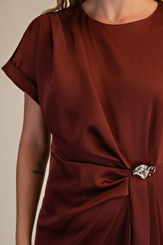 Gathered Metal Trim Short Sleeve Midi Dress: