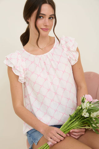 CAROLINE BOW  DOT PATTERN RUFFLE SLEEVE BLOUSE