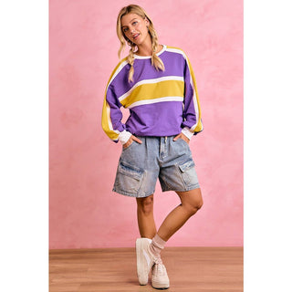 GAMEDAY WOMENS SPORTY COLORBLOCK PULLOVER SWEATSHIRT: PURPLE/GOLD