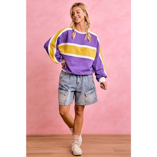 GAMEDAY WOMENS SPORTY COLORBLOCK PULLOVER SWEATSHIRT: PURPLE/GOLD