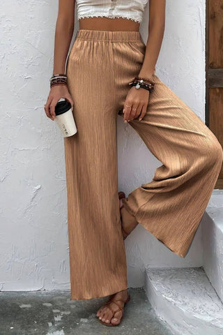 Solid color textured wave fabric causal lounge palazzo pants: Taupe
