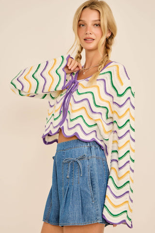Wavy cardigan Mardi Gras Wave Stripe Tie Cardigan – Festive Knit: PURPLE/GREEN/GOLD