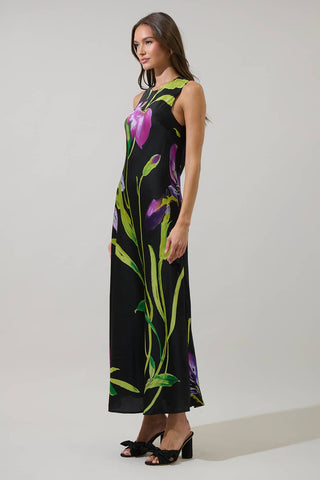 Varkey Floral Saisha Satin Midi Dress: PurpleBlack