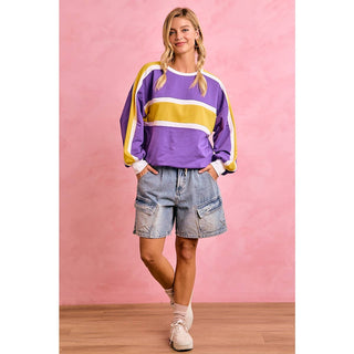 GAMEDAY WOMENS SPORTY COLORBLOCK PULLOVER SWEATSHIRT: PURPLE/GOLD