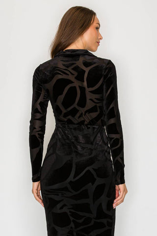 ICE  VELVET BURN OUT MIDI DRESS: Burgundy