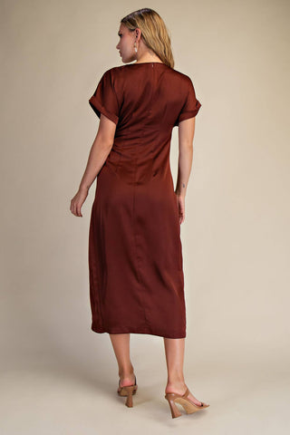 Gathered Metal Trim Short Sleeve Midi Dress: