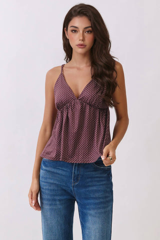 CAMI JERSEY BABYDOLL TANK: BURNT COCOA POLKA DOT
