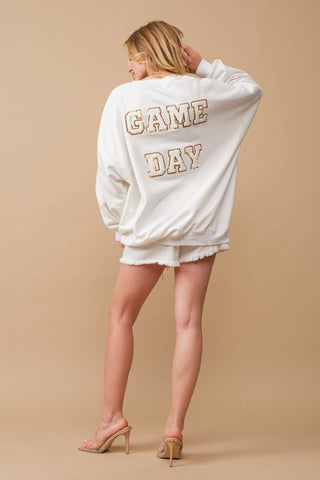 Fleece Terry Football Sequin Fringe Sweatshirt: WHITE GOLD