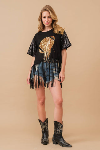 34255T - Football Sequin Fringe  Graphic Tee Top: BLACK