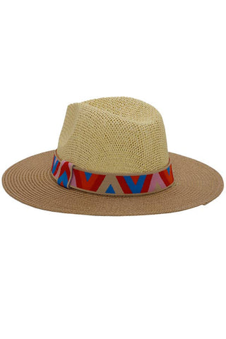 Chevron Band Two Tone Open Weave Straw Fedora Rancher Hat