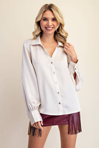 V-Neck Collar Neck Button Down Shirt: Cream